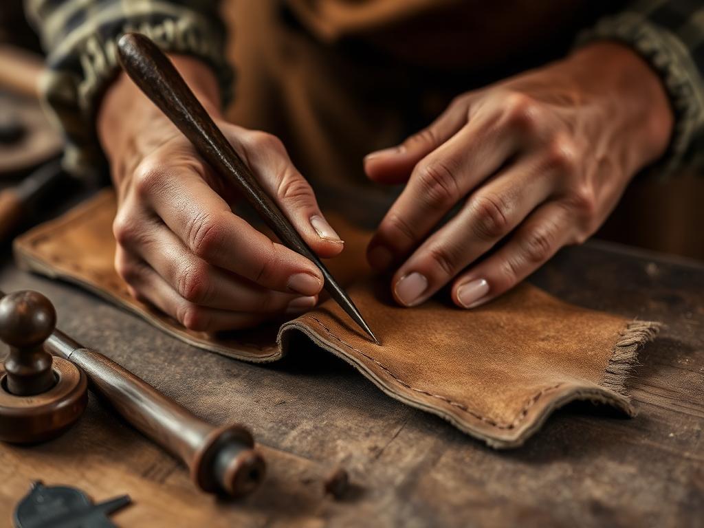 Artisan hands stitching leather at a workbench